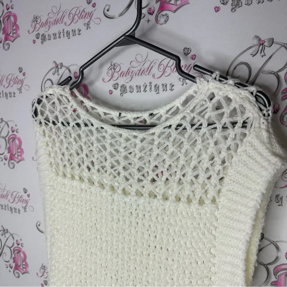 Dress knitted crochet cream white stretchy sweater open sides flowy warm cozy - Picture 2 of 4